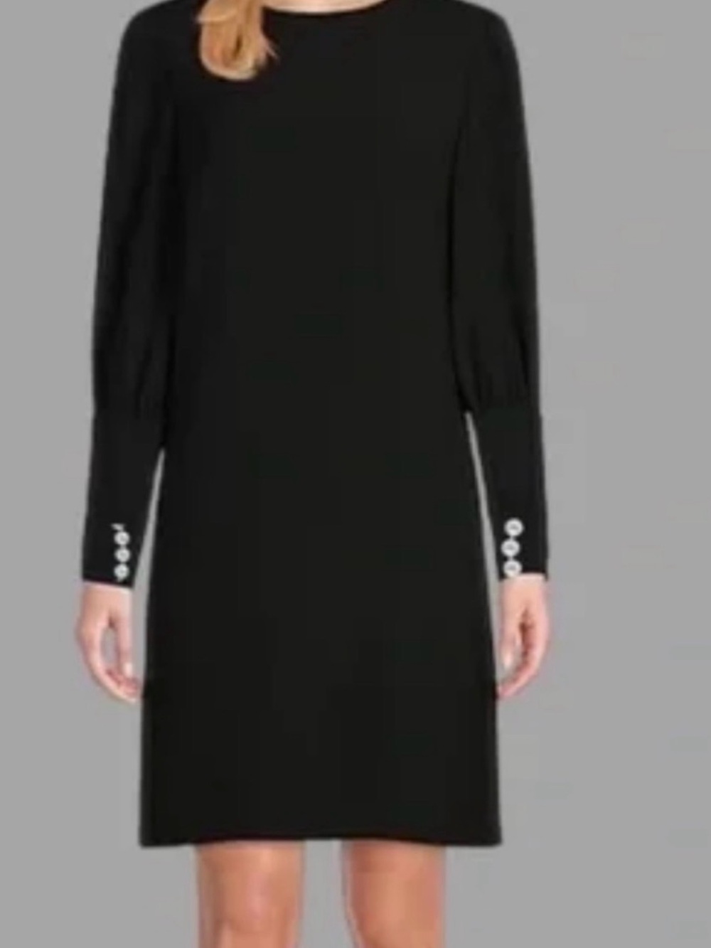 Preston & York Black Long-Sleeve Mini Shift Dress with Cuff Pearl Buttons
